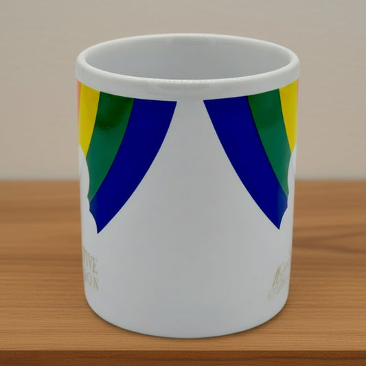 Side View of FTD 10th Anniversary Collector Edition Pick Me Up Bouquet Mug Rainbow Hot Air Balloon Coffee Cup