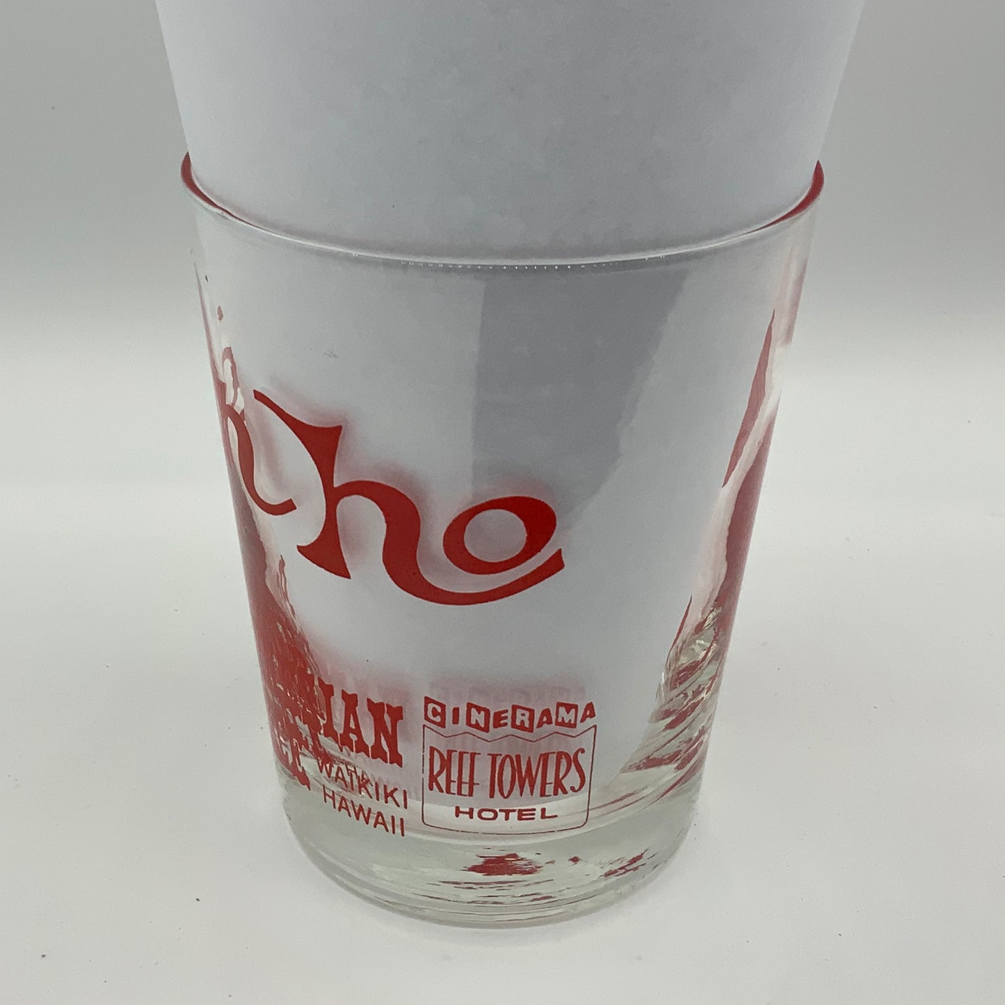 Vintage Don Ho Cocktail Glass Polynesian Palace Waikiki, Hawaii Cinerama Reef Towers Hotel Very Good Condition No Chips, Cracks, Crazing Vibrant Red Transfer Intact
