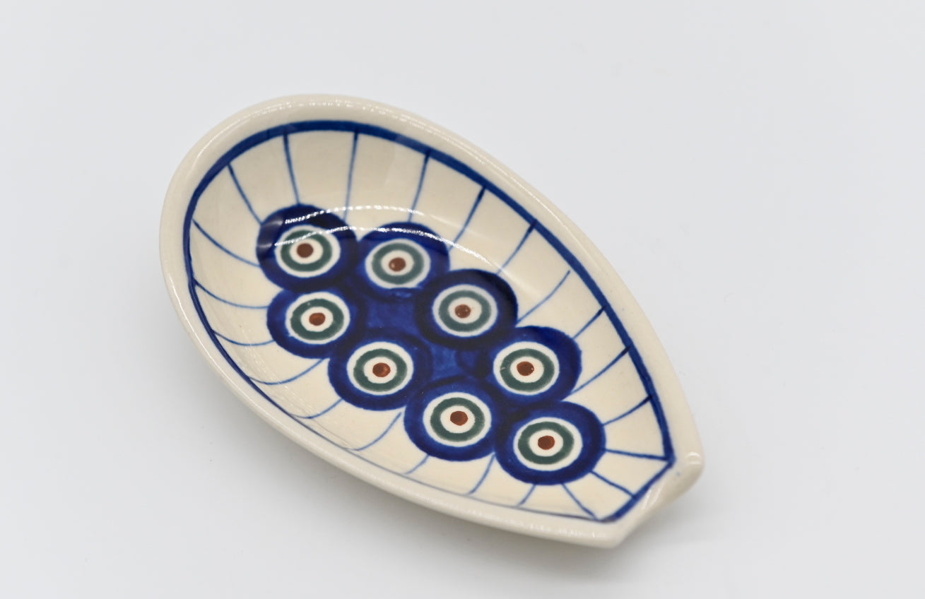 Don't get your counter nasty. Polish Pottery Spoon Rest Off White Base Color Blue, Green, Burgandy Peacock Eyes Modern Patterned Circles Mid Mod Collectible Kitchen Decor Retro Ceramic Collector Gift