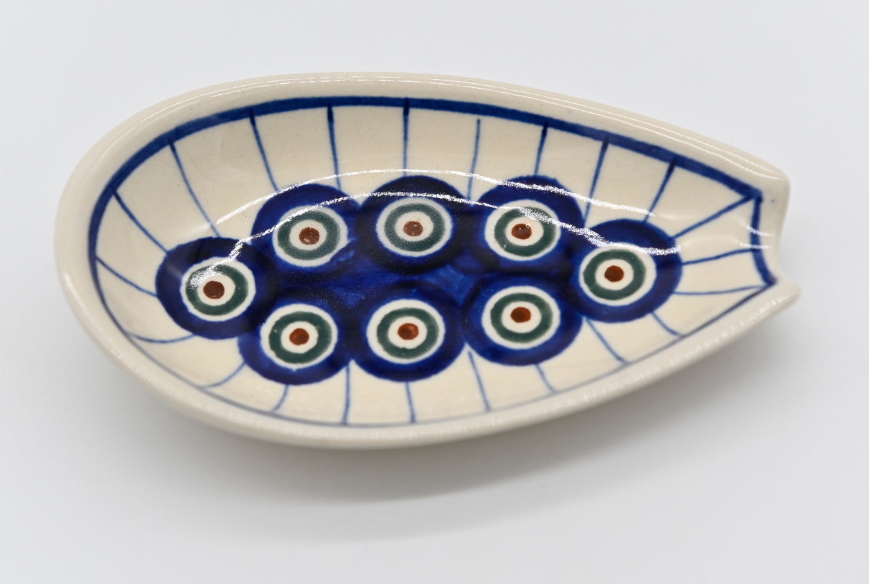 Don't get your counter nasty. Polish Pottery Spoon Rest Off White Base Color Blue, Green, Burgandy Peacock Eyes Modern Patterned Circles Mid Mod Collectible Kitchen Decor Retro Ceramic Collector Gift