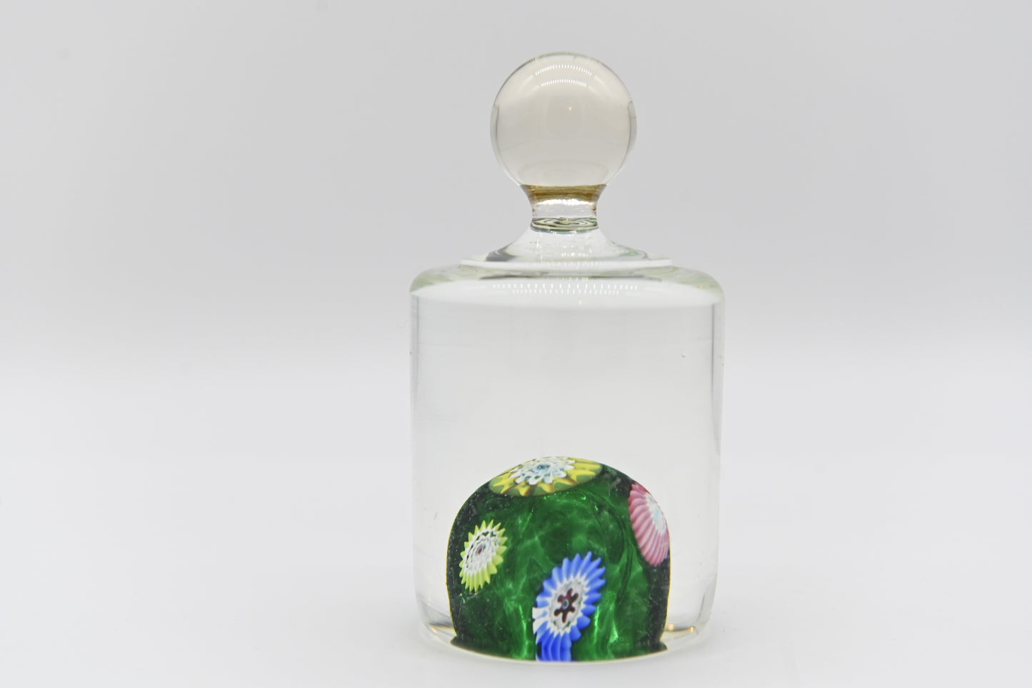 Murano Fratelli Toso Scattered Millefiori Cylinder W/ Knob Art Glass Paperweight Interesting Design Various Colorful Millefiori Green Sphere Cylinder Knob Handle Top Artglass collector hard to find collection rare vintage mid century modern mod retro antique