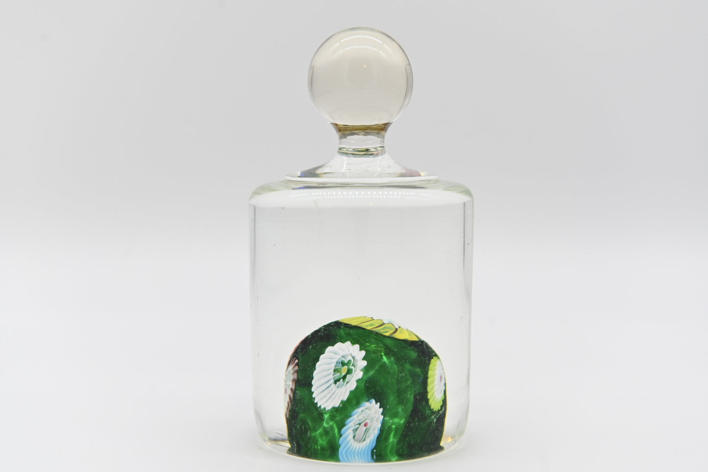 Murano Fratelli Toso Scattered Millefiori Cylinder W/ Knob Art Glass Paperweight Interesting Design Various Colorful Millefiori Green Sphere Cylinder Knob Handle Top Artglass collector hard to find collection rare vintage mid century modern mod retro antique