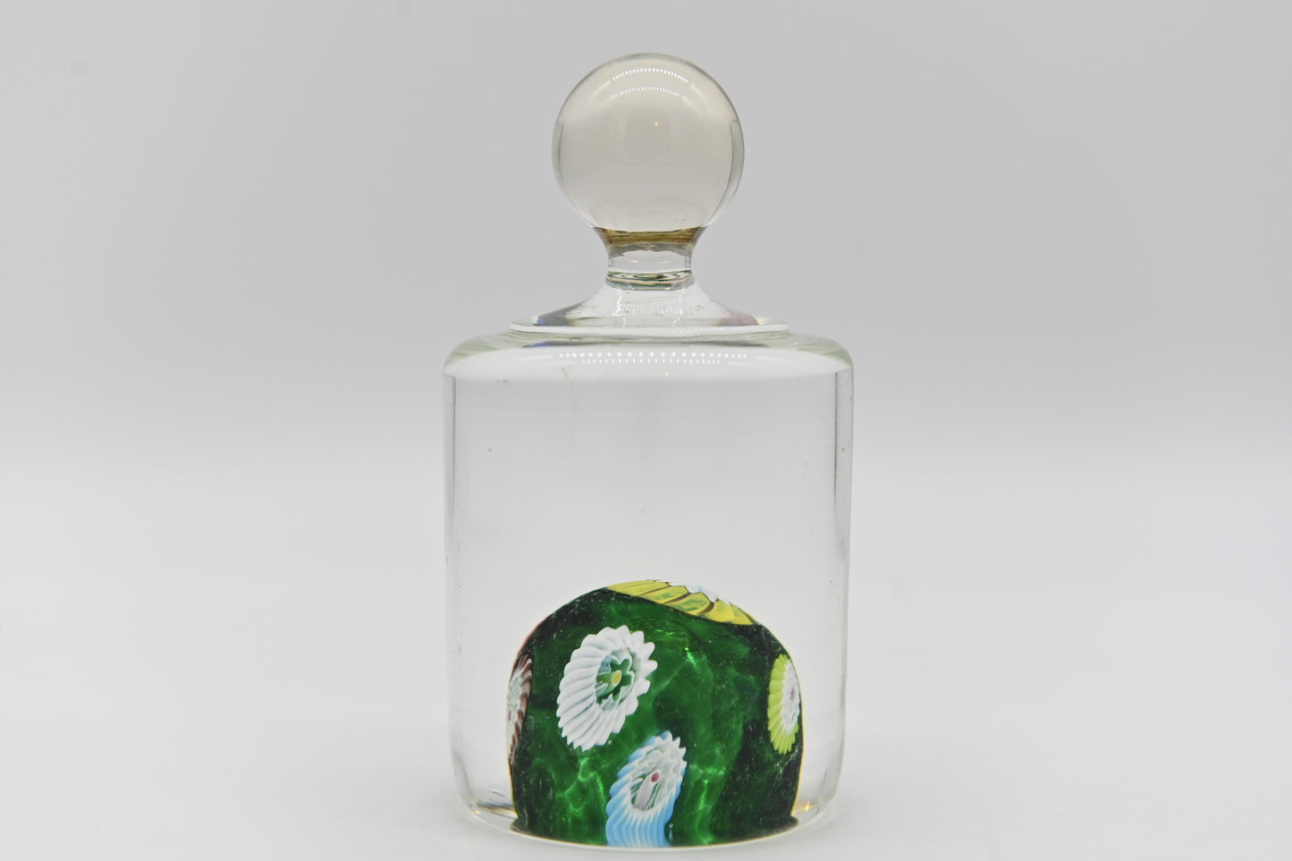Murano Fratelli Toso Scattered Millefiori Cylinder W/ Knob Art Glass Paperweight Interesting Design Various Colorful Millefiori Green Sphere Cylinder Knob Handle Top Artglass collector hard to find collection rare vintage mid century modern mod retro antique