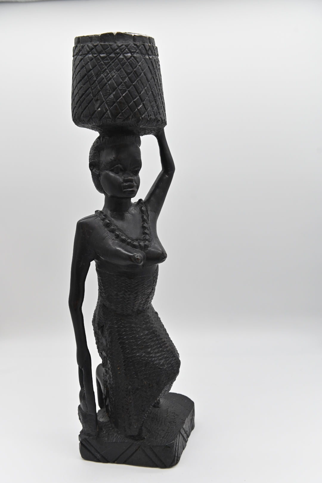 Vintage Detailed Tall Ethnic Female African Art Hand Carved Wood Statue