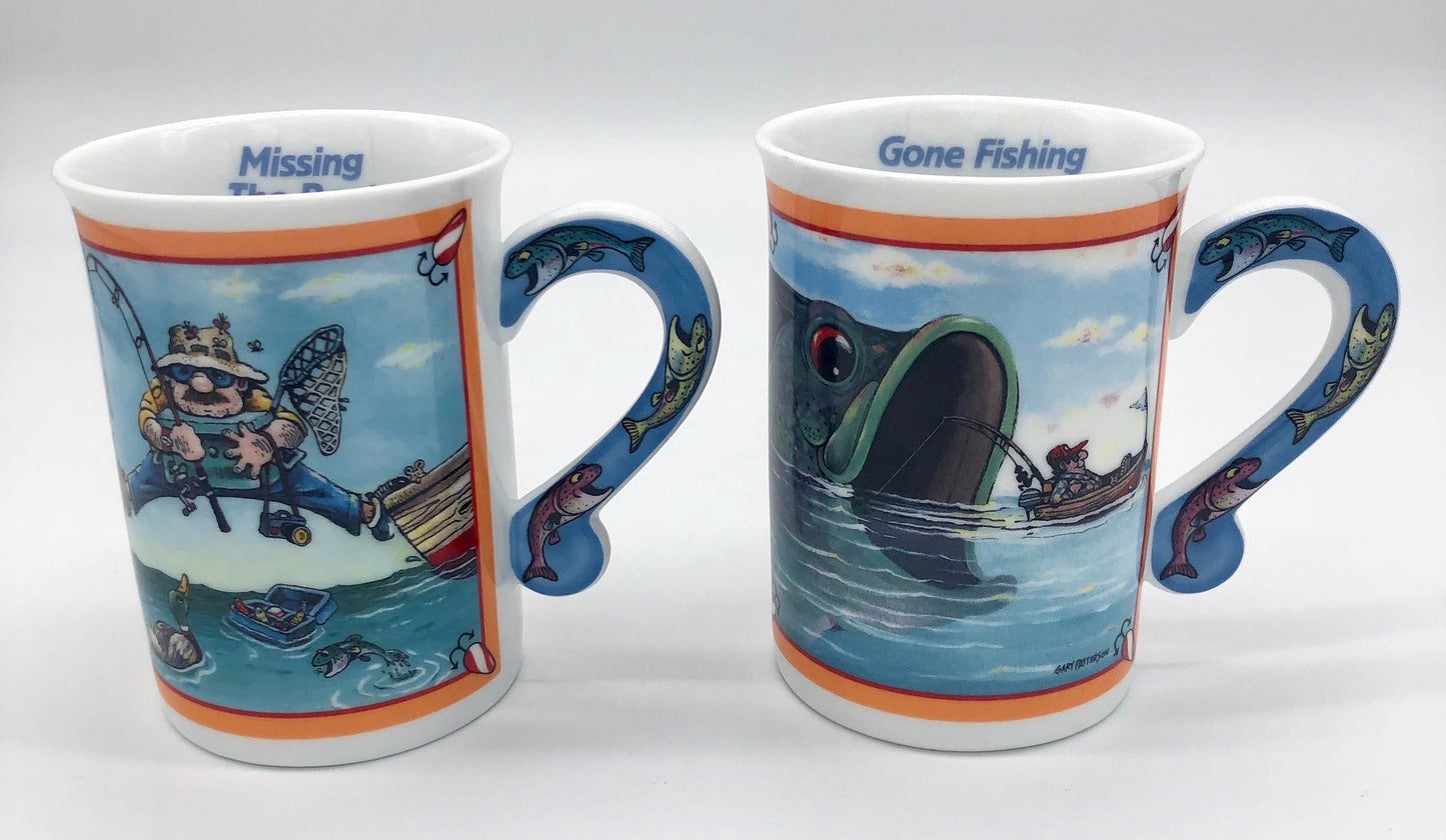 2 Illustrated Comical Fishing Follies Porcelain Collector Coffee Mug Danbury Mint Gary Patterson Cup
