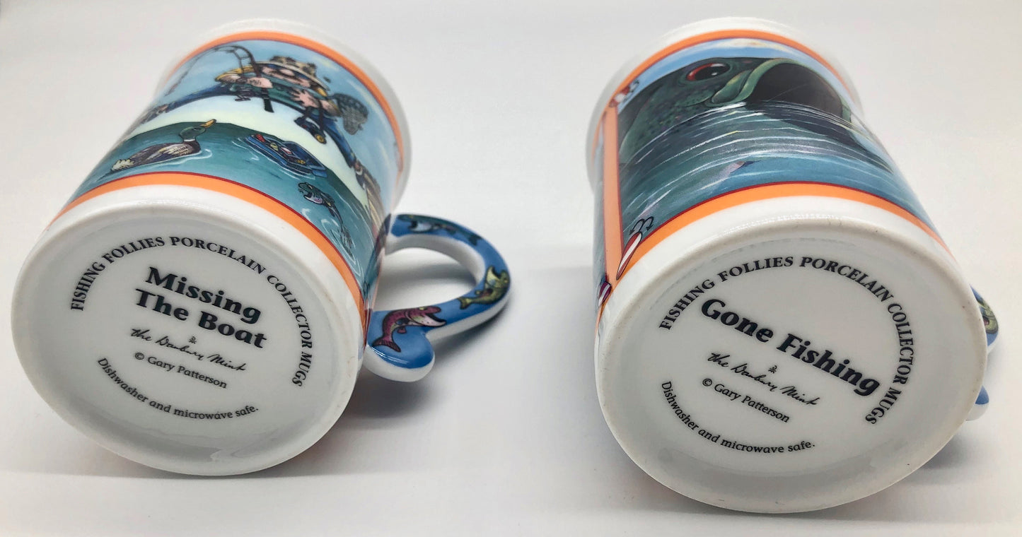 2 Illustrated Comical Fishing Follies Porcelain Collector Coffee Mug Danbury Mint Gary Patterson Cup