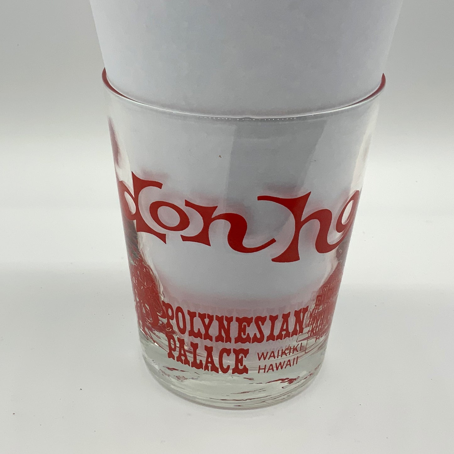 Vintage  Don Ho  Cocktail Glass   Polynesian Palace  Waikiki, Hawaii  Cinerama Reef Towers Hotel  Very Good Condition  No Chips, Cracks, Crazing  Vibrant Red Transfer Intact 