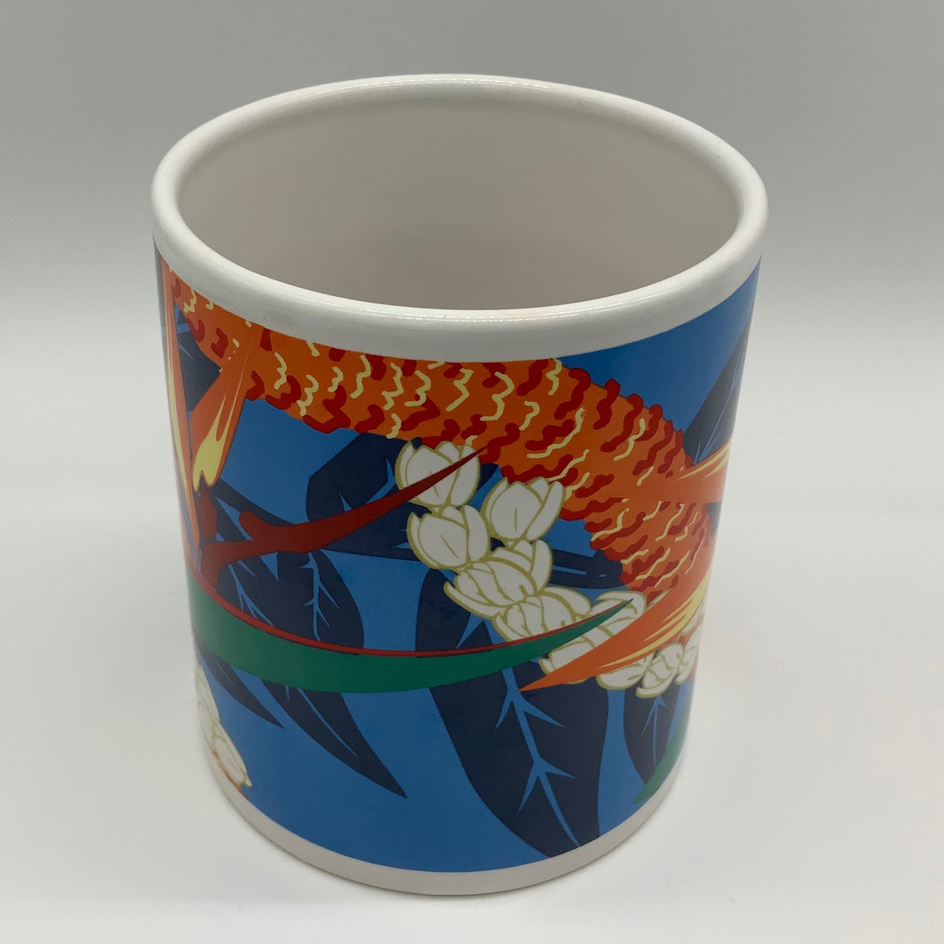 Rad Retro 1999 Hawaii Hilo Hattie Coffee Mug Vibrant Bird of Paradise Floral Design Store of Hawaii 1999 Island Heritage Vibrant Orange Blue Green Tea Starbucks Collector Hang Loose Flowers Surf Surfer Travel PreCovid Souvenir Collectible Vintage reuse repurpose be uniquely you mmb midmodandbeyond #shopsmall