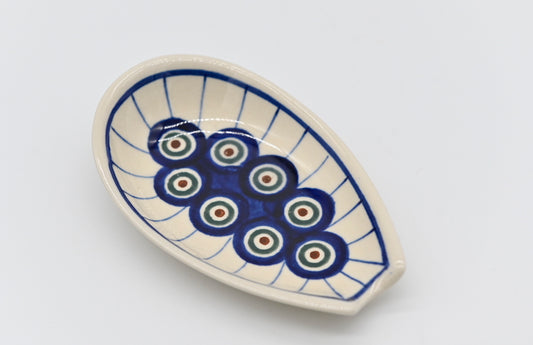 Don't get your counter nasty. Polish Pottery Spoon Rest Off White Base Color Blue, Green, Burgandy Peacock Eyes Modern Patterned Circles Mid Mod Collectible Kitchen Decor Retro Ceramic Collector Gift 