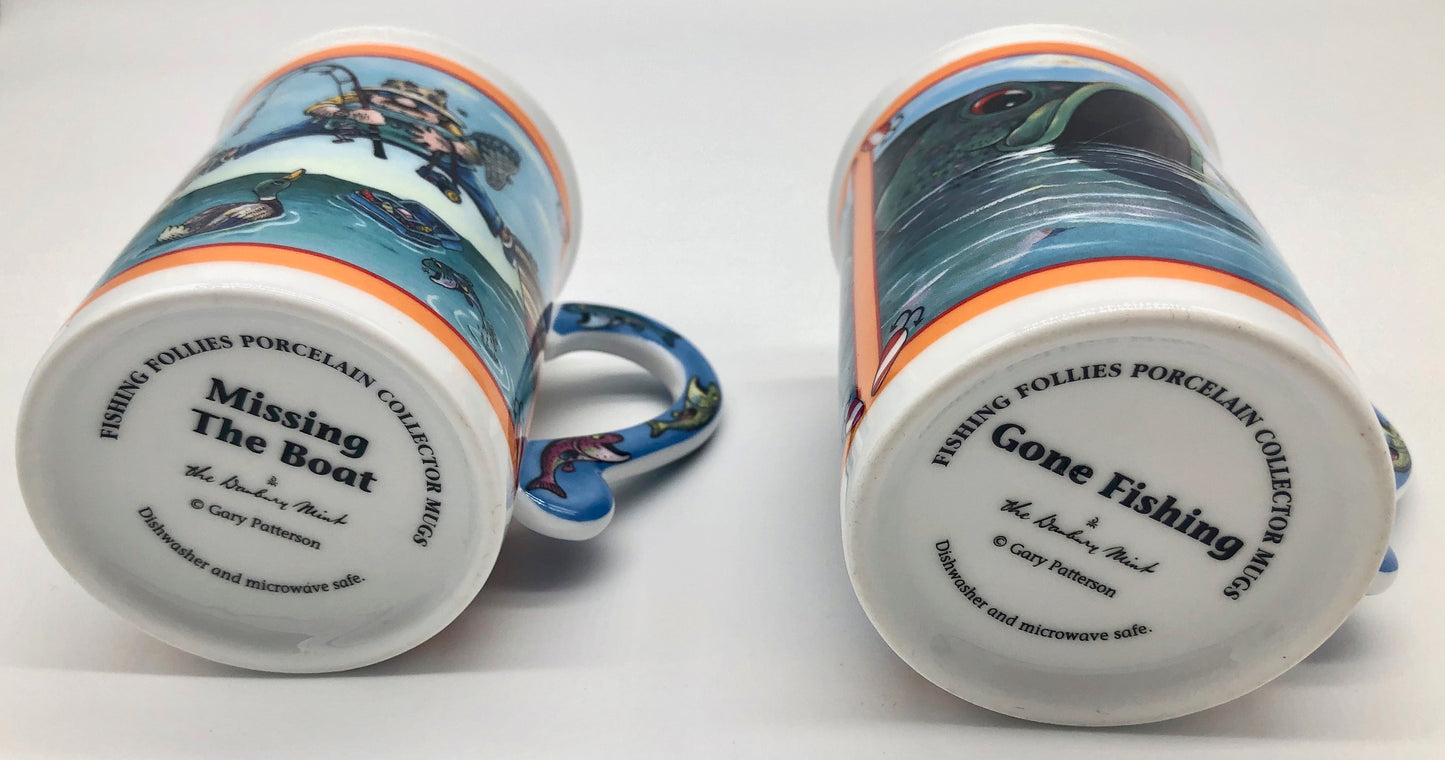2 Illustrated Comical  Fishing Follies Porcelain Collector Coffee Mug Danbury Mint Gary Patterson Cup