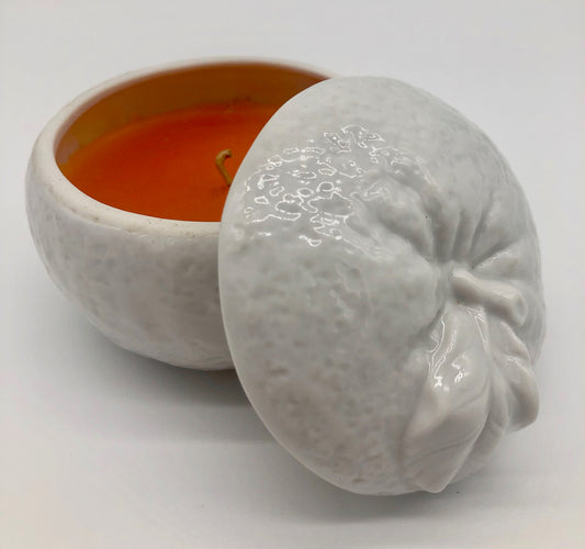 White Mid Mod Vintage Ceramic Orange Candle & Lid Fruit Made in Japan MIJ