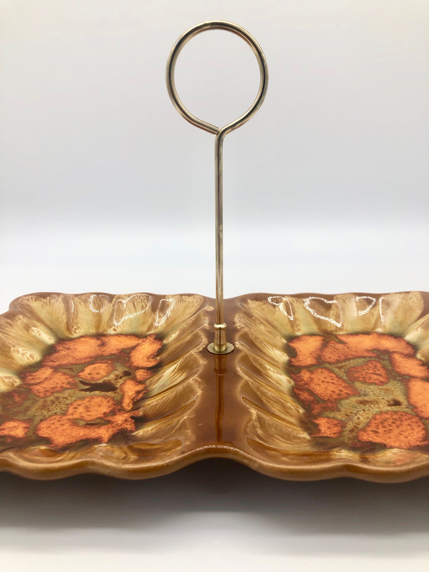 Mid Century Brown ORANGE Cream Divided DRIPWARE Candy Serving Dish