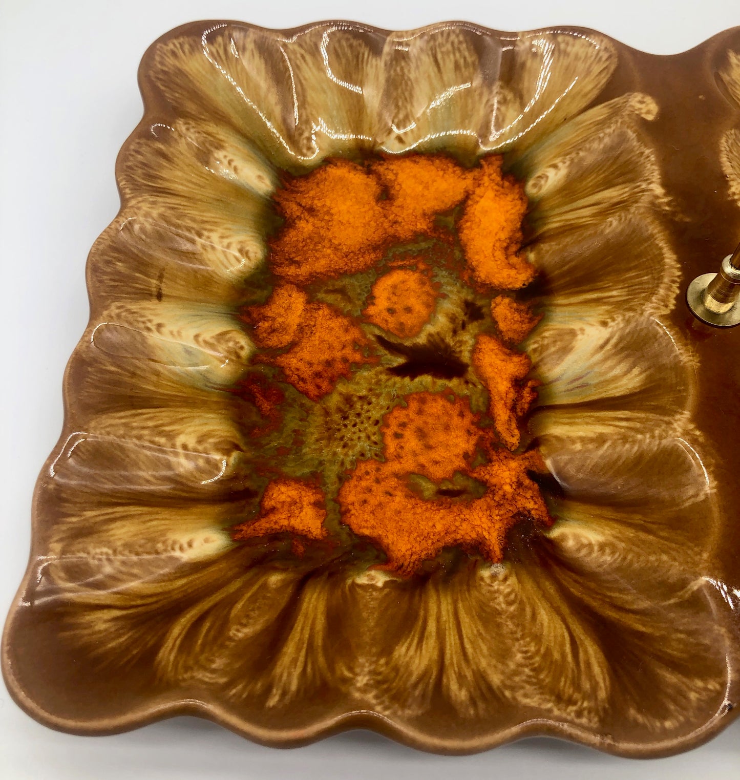 Mid Century Brown ORANGE Cream Divided DRIPWARE Candy Serving Dish