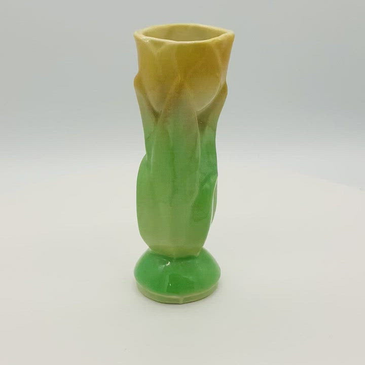 Vintage  Shawnee Pottery  Figural Vibrant Yellow Tulip With Green Leaves Approximately 4.75" Tall x 1.5" Diameter  "USA 1115" Marked on Bottom No Chips, Cracks, Crazing Typical mold marks from rough edges under the glaze. mid mod and beyond dot com  for people who like cool stuff