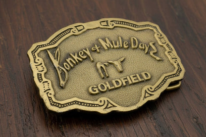 Brass Colored Metal Belt Buckle Featuring Donkey and Mule Day Goldfield Iowa Hit Line USA 