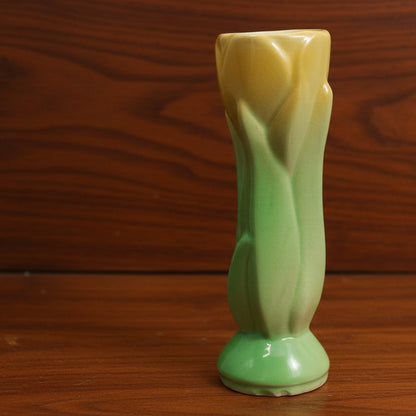 Shawnee Pottery  Figural Bud Vase Yellow Tulip With Green Leaves Approximately 4.75" Tall x 1.5" Diameter  "USA 1115" Marked on Bottom  